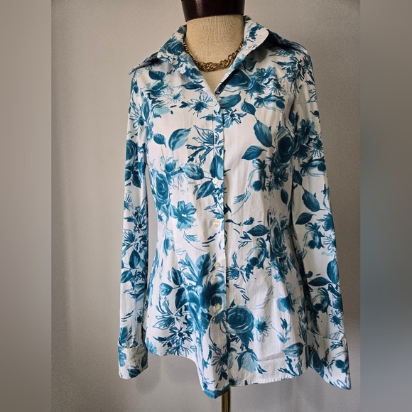 HAWKES & CURTIS London Hipster Floral White and  Blue Women's Dress Shirt.Size 8 - Picture 2 of 12